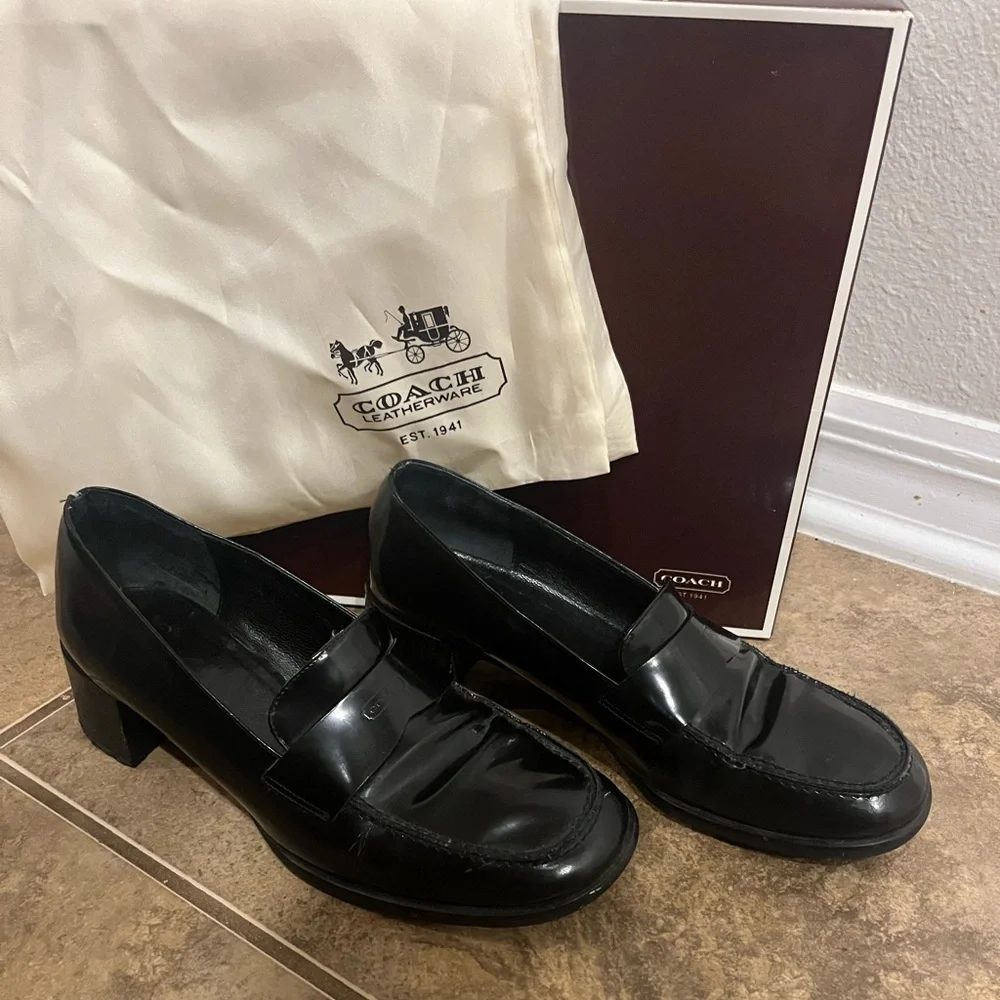 Coach Leather Black Patent Block Heeled Penny Loafer Shoes - Picture 2 of 10